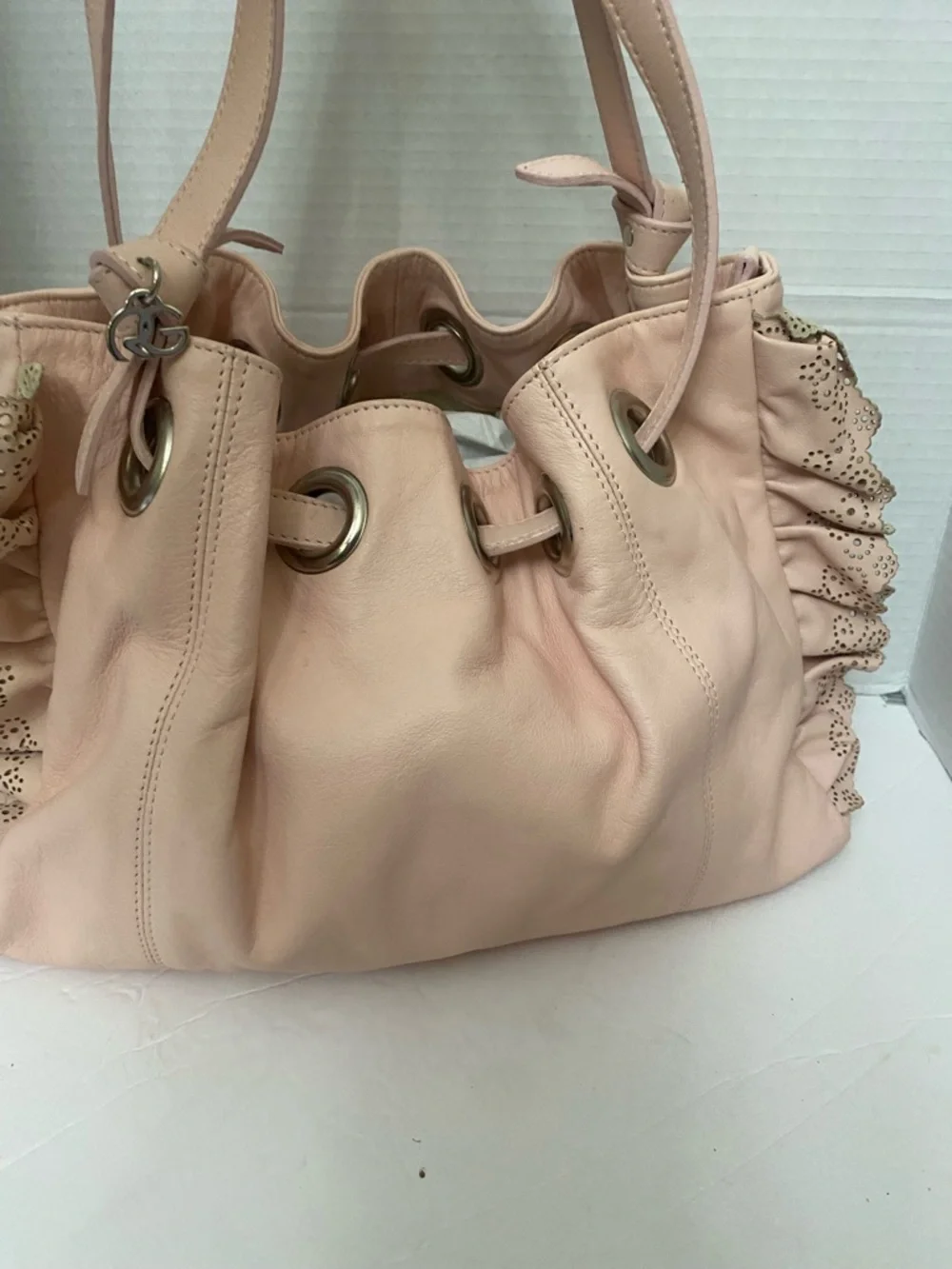 Roberta Gandolfi Pink Drawstring Shoulder Bag Side Ruffles Silver Hardware